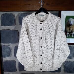 Celtic Country Men's Medium Cream 100% Wool Round Neck Cardigan Sweater Ireland